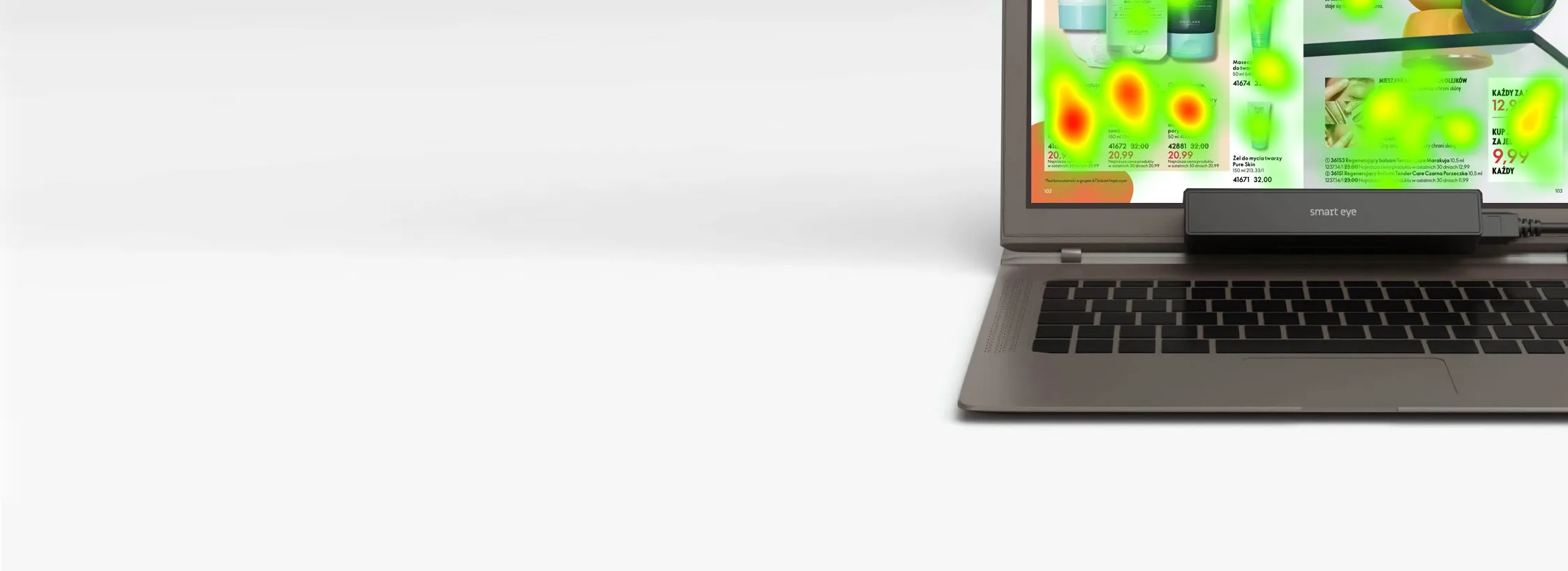 Laptop z eye trackerem Smart Eye Aurora i mapą cieplną nałożoną na katalog produktowy