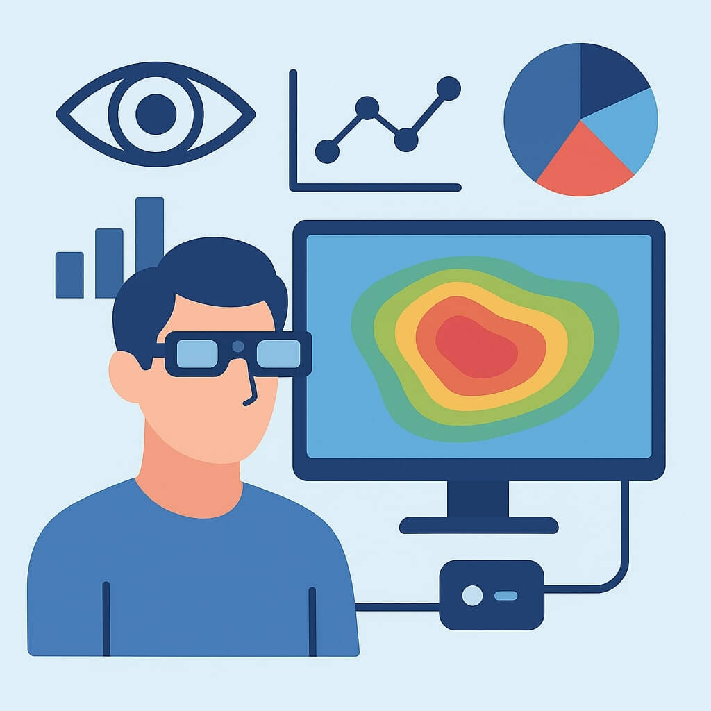 Ilustracja badania eyetrackingowego: osoba w okularach śledzących wzrok, ekran z mapą cieplną oraz ikonami wykresów danych.